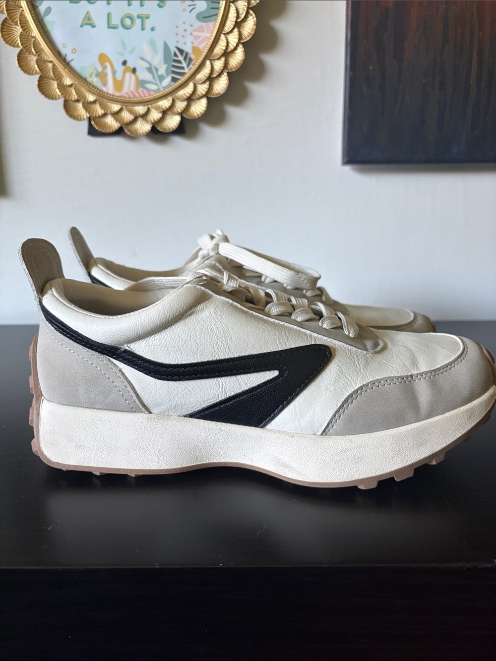 Dolce Vita White Leather Sneakers with Black Accent and Tan Outsole